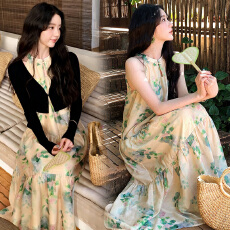批发现 2026新款大码女装 <b class='q'>春</b>夏装 印花旗袍连衣裙+开衫两件套