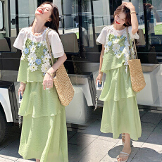 批发现  2026新款大码女装 <b class='q'>夏</b>装 拼接花边短袖上衣+半身裙套装