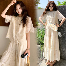 批发现 2026新款大码女<b class='q'>装</b> 夏<b class='q'>装</b> 纯棉花边短袖<b class='q'>上衣</b>+阔腿<b class='q'>裤</b><b class='q'>套装</b>