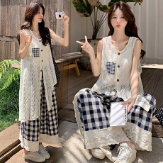 批发现  2026新款<b class='q'>大码</b>女装 夏装 蕾丝背心裙+吊带+格子蕾丝阔腿裤套装