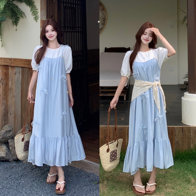 RY5540# 实拍现 2026新款大码女装 夏装 蓝色蝴蝶结吊带裙+白色T恤两件套