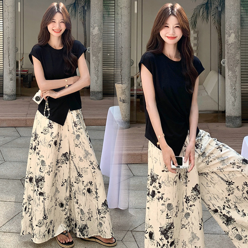 RY5535# 现2026新款大码女装夏装新中式水墨印花阔腿裤+黑色不规则T恤套装