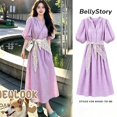 批发现 2026新款大码女装 夏装 气质格子短袖<b class='q'>连衣裙</b>衬衣裙 送蕾丝系带