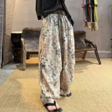 新款苎麻印花休闲裤复古文艺褶皱设计宽松长裤