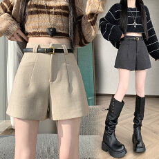 批发实拍灰色毛呢短裤女冬季2025<b class='q'>新款</b>小个子显瘦宽松高腰a字阔腿裤子