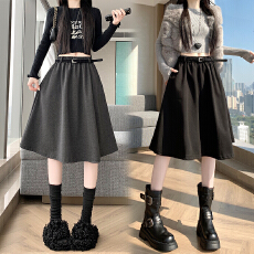 批发灰色毛呢<b class='q'>半身裙</b>女秋冬2025新款<b class='q'>高腰</b>a字松紧腰中长裙遮胯气质伞裙