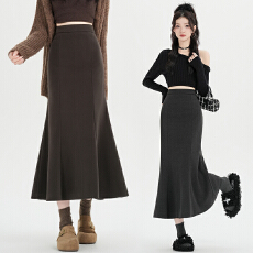 批发实拍黑色毛呢包臀半身裙女秋冬款2025新款a字鱼尾裙小个子长裙子