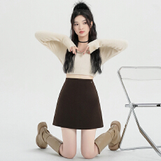 批发实拍秋冬毛呢半身裙2025百搭咖色A字半裙小个子高腰显瘦包臀裙