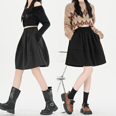 实拍灰色毛呢短裙女秋冬季新款中裙松紧腰高腰显瘦百搭a字半身裙