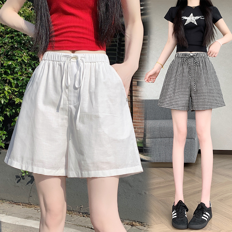 RY5738# 实拍夏季热裤女2026新款韩版系带宽松文艺阔腿裤休闲格子棉...