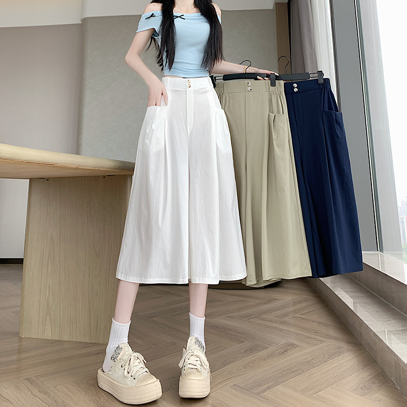 RY5737# 实拍冰丝棉麻阔腿裤女夏季小个子高腰显瘦七分短裤垂感裙裤休闲...