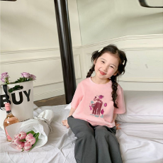 批发纯棉女童短袖t恤<b class='q'>夏</b>装新款圆领印花时尚百搭薄款短袖上衣