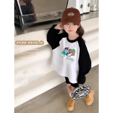 批发纯棉女童插肩长袖T恤秋装新款儿童宽松洋气T恤拼色百搭上衣