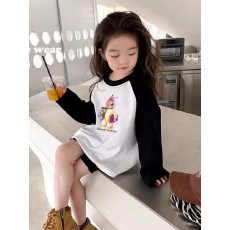 批发纯棉女童插肩长袖T恤秋装新款儿童宽松洋气T恤拼色百搭上衣