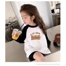 批发纯棉女童插肩长袖T恤秋装新款儿童宽松洋气T恤拼色百搭上衣