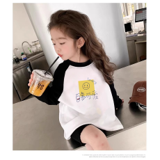 批发纯棉女童插肩长袖T恤秋装新款儿童宽松洋气T恤拼色百搭上衣