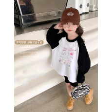 批发纯棉女童插肩长袖T恤秋装新款儿童宽松洋气T恤拼色百搭上衣
