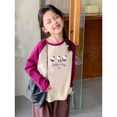 批发纯棉<b class='q'>女童</b>插肩<b class='q'>长袖</b><b class='q'>T</b><b class='q'>恤</b>秋装新款儿童宽松洋气拼色百搭上衣ins