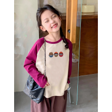 批发纯棉女童插肩长袖T恤秋装新款儿童宽松洋气拼色百搭上衣ins