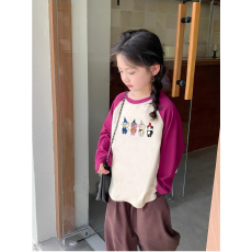 批发纯棉女童插肩长袖T恤秋装新款儿童宽松洋气拼色百搭上衣ins