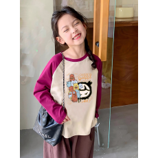 批发纯棉女童插肩长袖T恤秋装新款儿童宽松洋气拼色百搭上衣ins