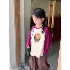 批发纯棉女童插肩长袖T恤秋装新款儿童宽松洋气拼色百搭上衣ins