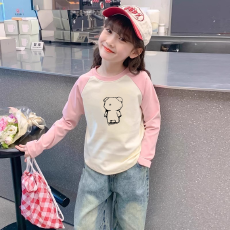 批发纯棉女童插肩长袖T恤秋装新款<b class='q'>儿童</b>宽松洋气T恤拼色百搭上衣