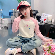 批发纯棉女童插肩长袖T恤秋装新款<b class='q'>儿童</b>宽松洋气T恤拼色百搭上衣