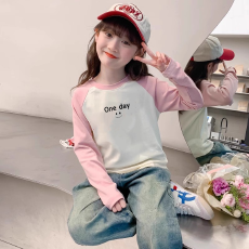 批发纯棉<b class='q'>女童</b>插肩<b class='q'>长袖</b><b class='q'>T</b><b class='q'>恤</b>秋装新款儿童宽松洋气<b class='q'>T</b><b class='q'>恤</b>拼色百搭上衣