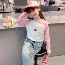 批发纯棉<b class='q'>女童</b>插肩<b class='q'>长袖</b><b class='q'>T</b><b class='q'>恤</b>秋装新款儿童宽松洋气<b class='q'>T</b><b class='q'>恤</b>拼色百搭上衣