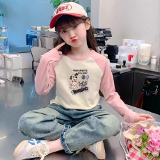 批发纯棉<b class='q'>女童</b>插肩<b class='q'>长袖</b><b class='q'>T</b><b class='q'>恤</b>秋装新款儿童宽松洋气<b class='q'>T</b><b class='q'>恤</b>拼色百搭上衣