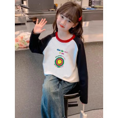 批发纯棉<b class='q'>女童</b>插肩<b class='q'>长袖</b><b class='q'>T</b><b class='q'>恤</b>秋装新款儿童宽松洋气<b class='q'>T</b><b class='q'>恤</b>拼色百搭上衣