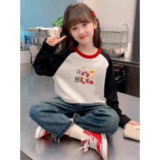 批发纯棉<b class='q'>女童</b>插肩<b class='q'>长袖</b><b class='q'>T</b><b class='q'>恤</b>秋装新款儿童宽松洋气<b class='q'>T</b><b class='q'>恤</b>拼色百搭上衣