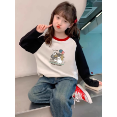 批发纯棉<b class='q'>女童</b>插肩<b class='q'>长袖</b><b class='q'>T</b><b class='q'>恤</b>秋装新款儿童宽松洋气<b class='q'>T</b><b class='q'>恤</b>拼色百搭上衣