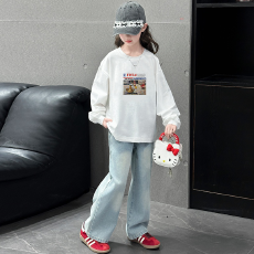 批发纯棉 带螺纹袖口女童长袖T恤秋装新款儿童洋气圆领百搭t恤