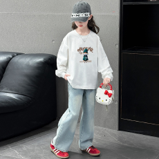 批发纯棉 带螺纹袖口女童长袖T恤秋装新款儿童洋气圆领百搭t恤