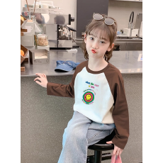 批发纯棉女童插肩长袖T恤<b class='q'>秋</b>装新款儿童宽松洋气T恤拼色百搭上衣