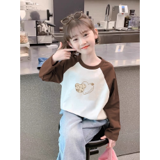 批发纯棉女童插肩长袖T恤<b class='q'>秋</b>装新款儿童宽松洋气T恤拼色百搭上衣