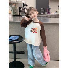 批发纯棉女童插肩长袖T恤<b class='q'>秋</b>装新款儿童宽松洋气T恤拼色百搭上衣