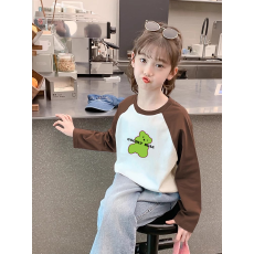 批发纯棉女童插肩长袖T恤<b class='q'>秋</b>装新款儿童宽松洋气T恤拼色百搭上衣