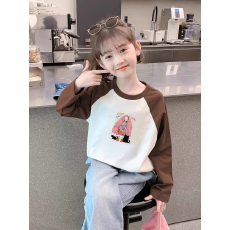 批发纯棉女童插肩长袖T恤<b class='q'>秋</b>装新款儿童宽松洋气T恤拼色百搭上衣