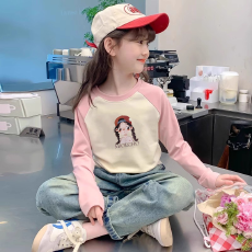 纯棉女童插肩长袖T恤秋装新款儿童宽松洋气T恤拼色百搭上衣