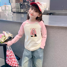 纯棉女童插肩长袖T恤秋装新款儿童宽松洋气T恤拼色百搭上衣