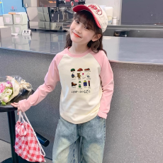 纯棉女童插肩长袖T恤秋装新款儿童宽松洋气T恤拼色百搭上衣