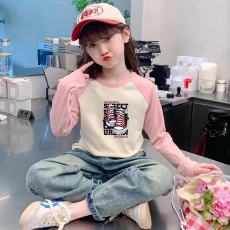 纯棉女童插肩长袖T恤秋装新款儿童宽松洋气T恤拼色百搭上衣