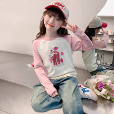 纯棉女童插肩长袖T恤秋装新款儿童宽松洋气T恤拼色百搭上衣