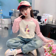 纯棉女童插肩长袖T恤秋装新款儿童宽松洋气T恤拼色百搭上衣