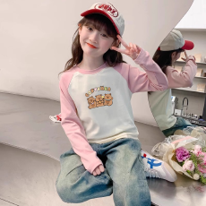 纯棉女童插肩长袖T恤秋装新款儿童宽松洋气T恤拼色百搭上衣