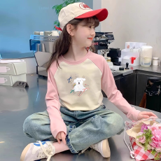 批发纯棉女童插肩长袖T恤秋装新款儿童宽松洋气T恤拼色百搭上衣