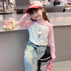 批发纯棉女童插肩长袖T恤秋装新款儿童宽松洋气T恤拼色百搭上衣